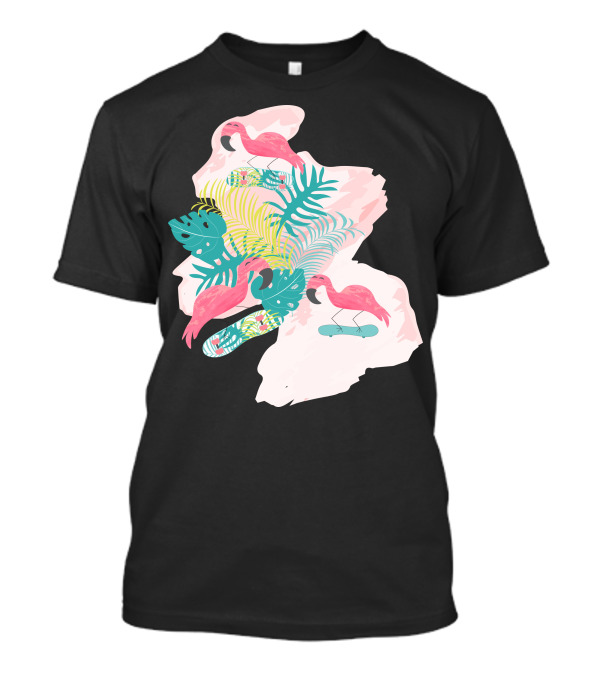 Flamingos Skateboarding Tropical Leaf Vibes T-Shirt