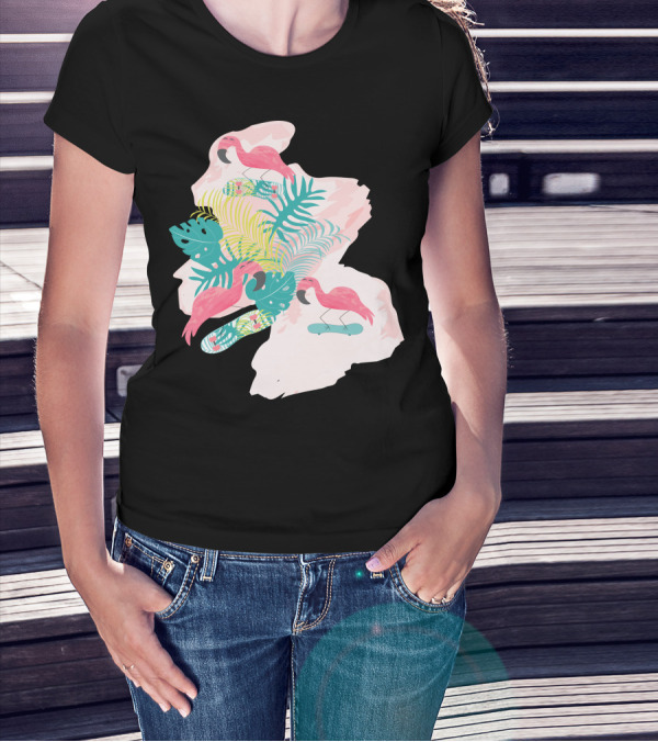 Flamingos Skateboarding Tropical Leaf Vibes T-Shirt
