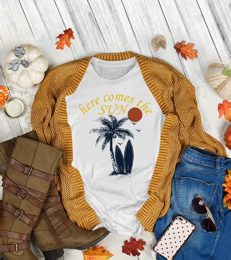 Here Comes the Sun Palm Tree Surfboard Sunset T-Shirt