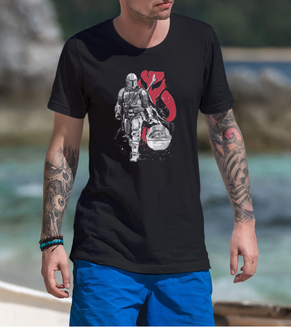 Mandalorian Warrior With Child And Mythosaur T-Shirt