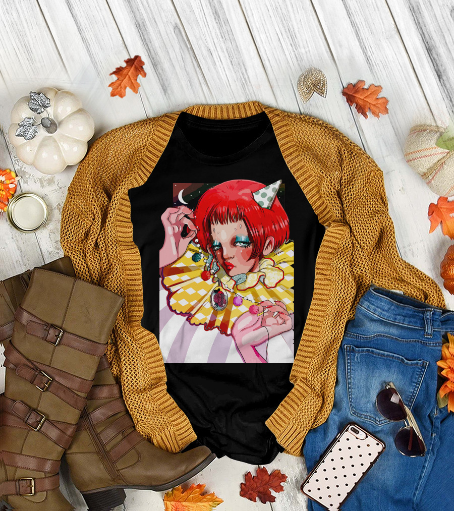 Pierrette Harlequin Clown Red Hair Polka Dot Hat Yellow Ruffled Collar T-Shirt
