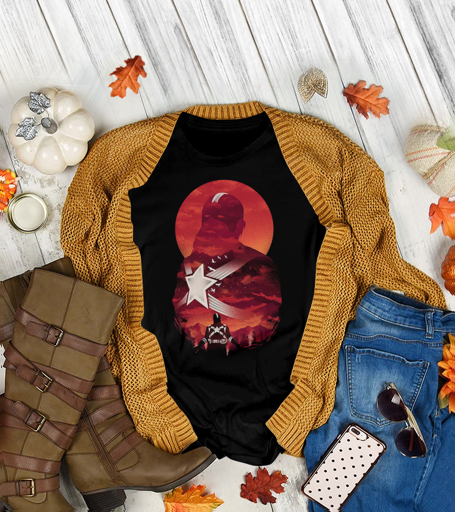 Red Guardian Shield Silhouette Against Crimson Sun T-Shirt