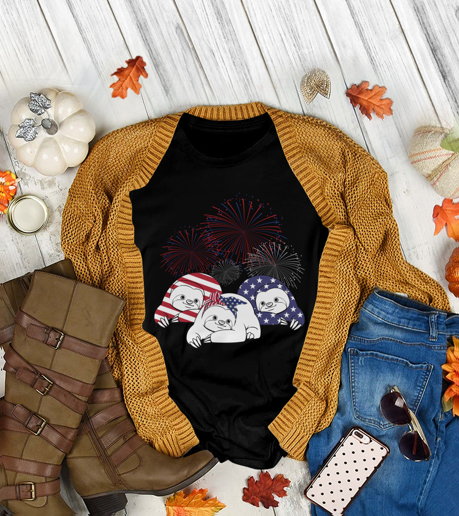 Patriotic Sloths in American Flag Colors with 4th of July Fireworks T-Shirt