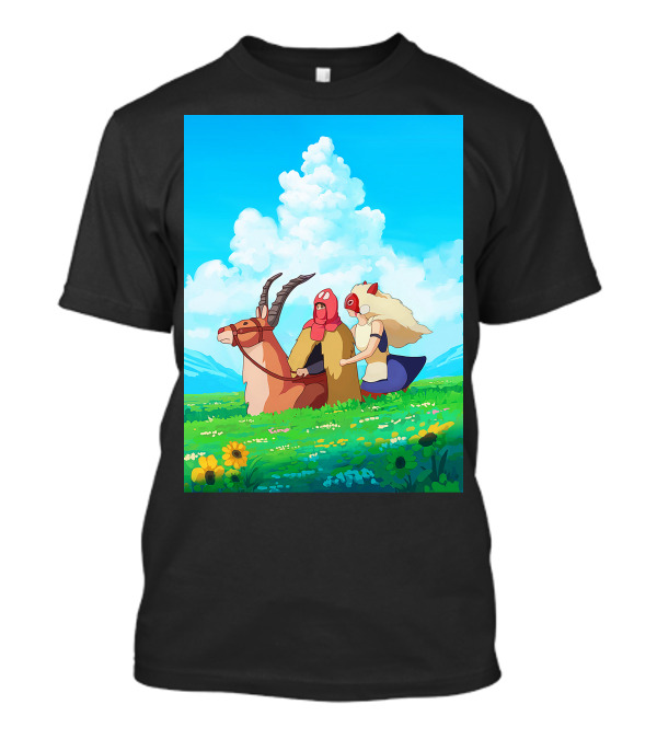 Princess Mononoke San And Ashitaka Riding Yakul In Floral Field T-Shirt
