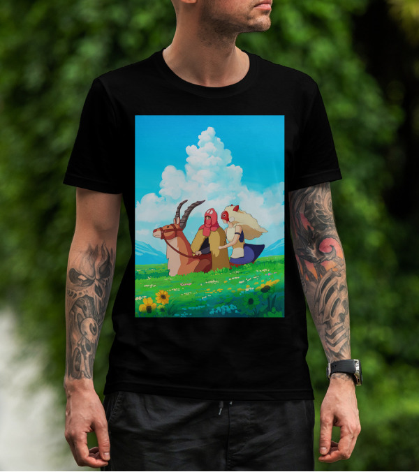 Princess Mononoke San And Ashitaka Riding Yakul In Floral Field T-Shirt