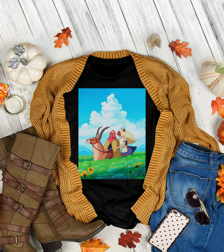 Princess Mononoke San and Ashitaka Riding Yakul in Floral Field T-Shirt