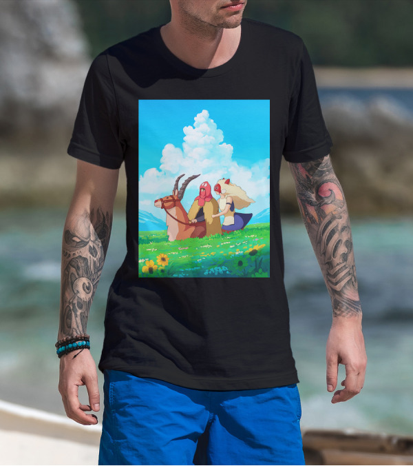 Princess Mononoke San And Ashitaka Riding Yakul In Floral Field T-Shirt