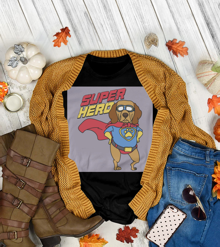 Super Hero Dog with Cape and Mask Paw Emblem T-Shirt