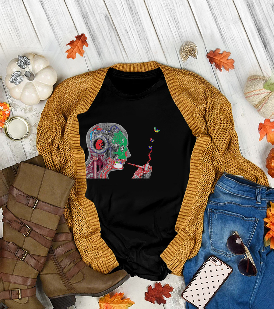 Human Brain Structure with Colorful Butterflies Emanating from a Pipe T-Shirt