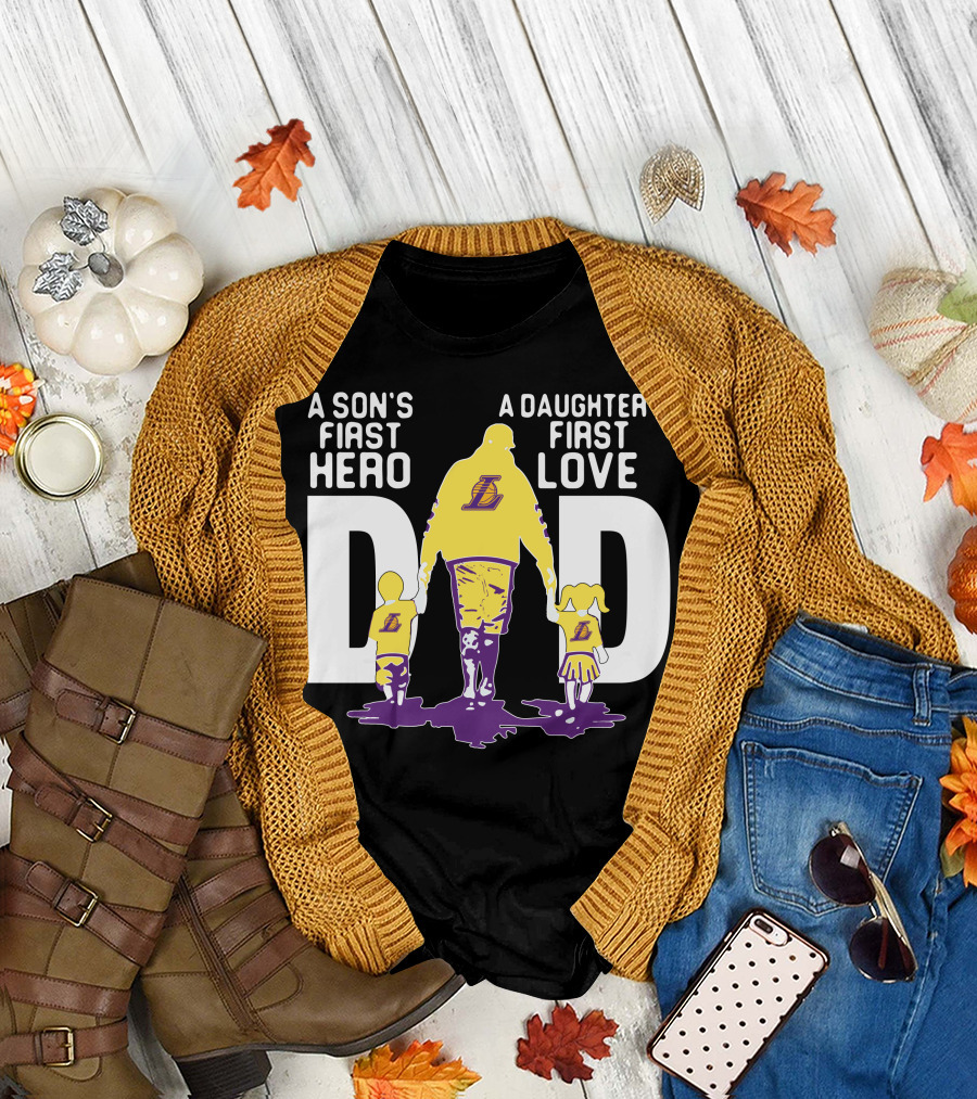 A Son's First Hero A Daughter's First Love Dad Gold and Purple Lakers T-Shirt