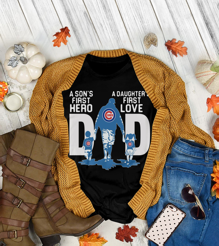 A Son's First Hero A Daughter's First Love Cubs Dad Blue White Red T-Shirt