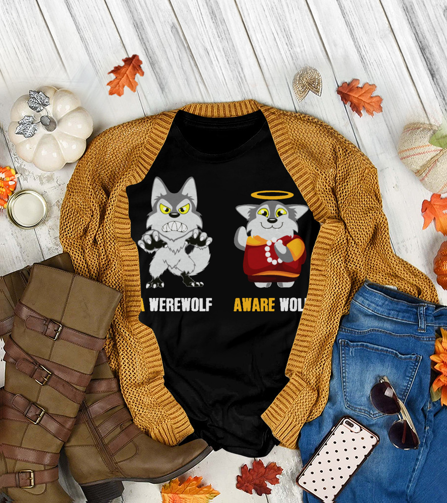 A Werewolf Aware Wolf Cartoon with Halo and Pearls T-Shirt