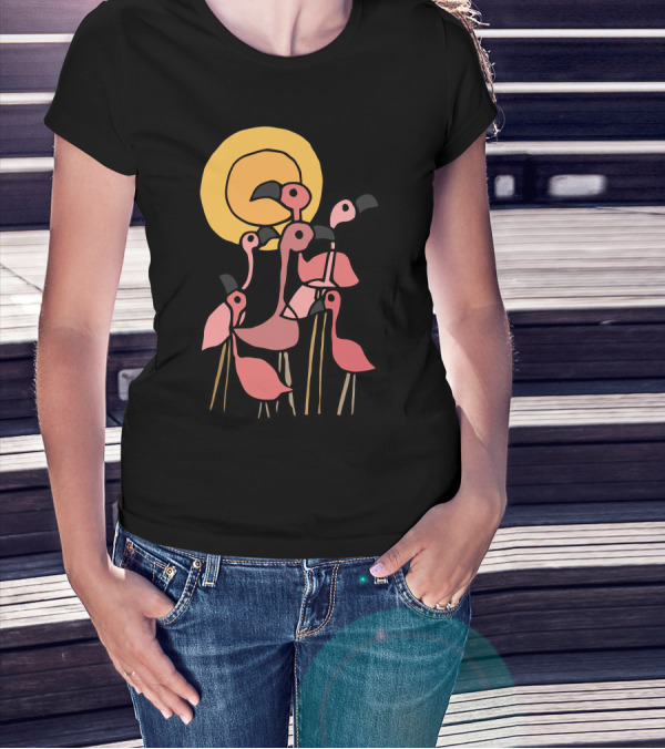 Playful Gathering Of Pink Flamingo Birds Under The Sun T-Shirt