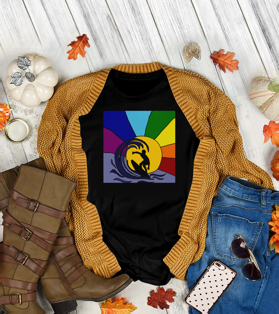 Awesome Surfer Riding Waves Against Sunset Rainbow Burst T-Shirt