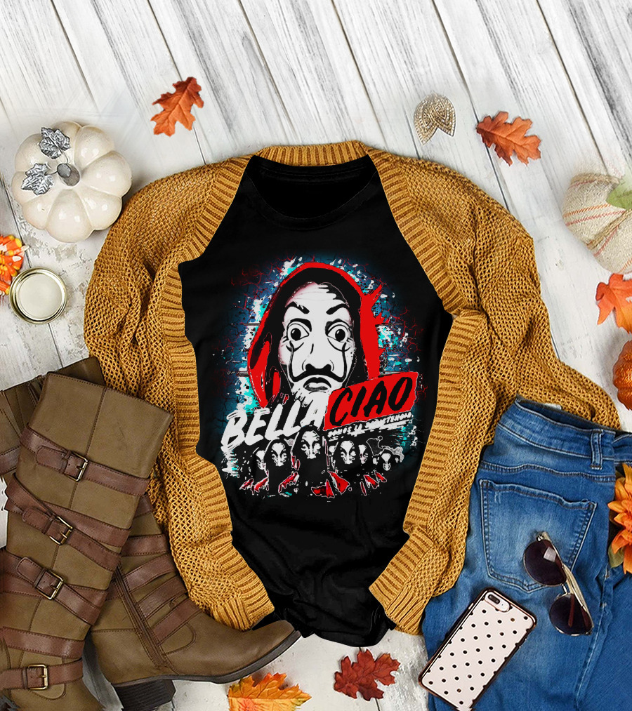 Bella Ciao Mask Art with Group Textures and Red T-Shirt