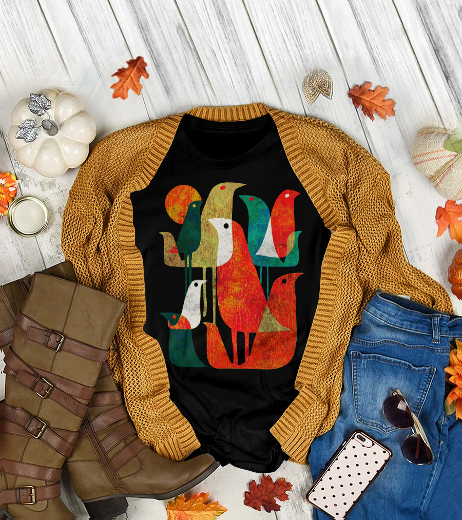 Stylized Colorful Birds Assembly Modern T-Shirt