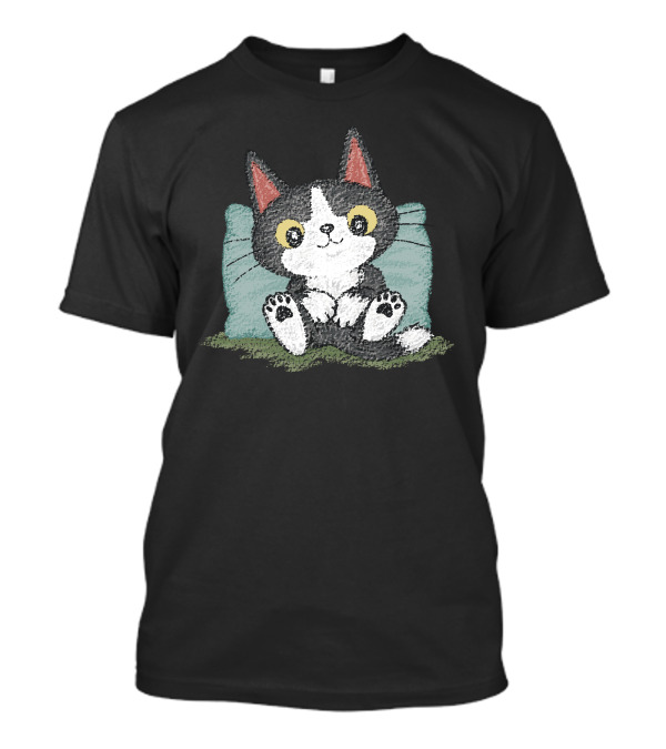 Black Kitten Relaxing On Blue Pillow With Green Background T-Shirt