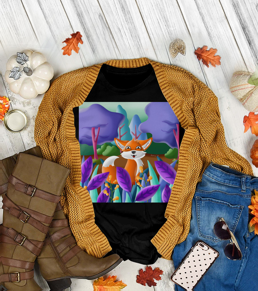Funny Fox Among Vibrant Flora in Mystical Woods T-Shirt