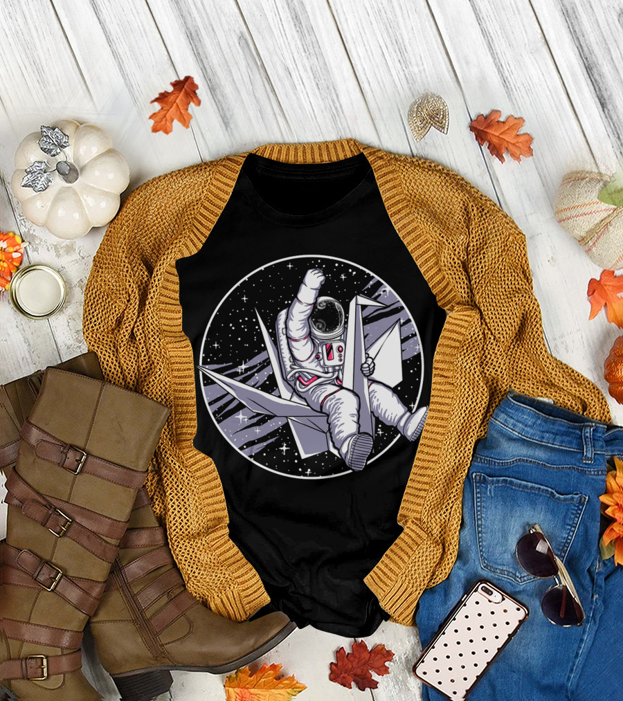 Astronaut Riding Origami Crane Through Space T-Shirt