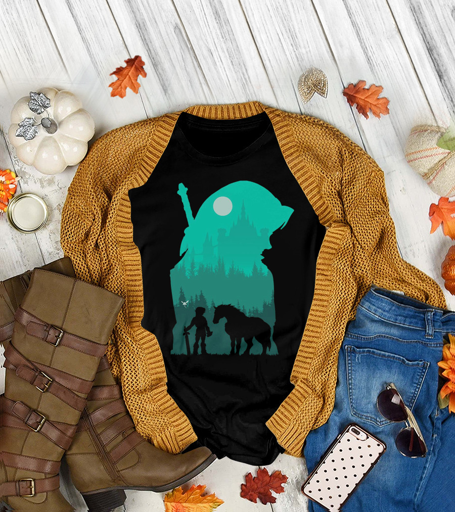 Hylian Hero Silhouette with Sword and Horse in Moonlit Forest Castle Scene T-Shirt