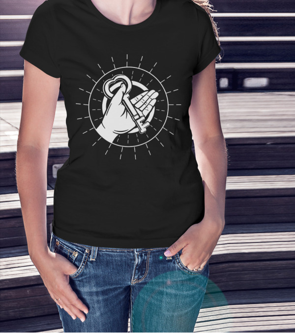 Key Of Life Hand Holding Heart Shaped Key Radiating Lines T-Shirt