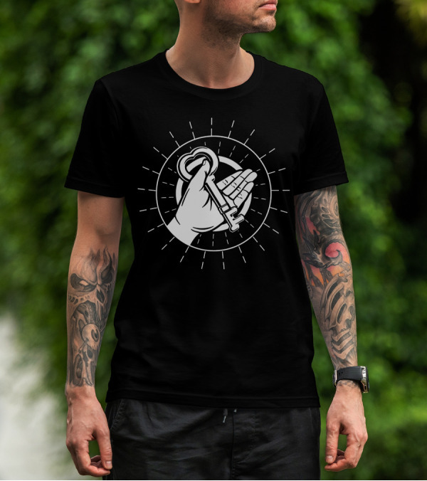Key Of Life Hand Holding Heart Shaped Key Radiating Lines T-Shirt