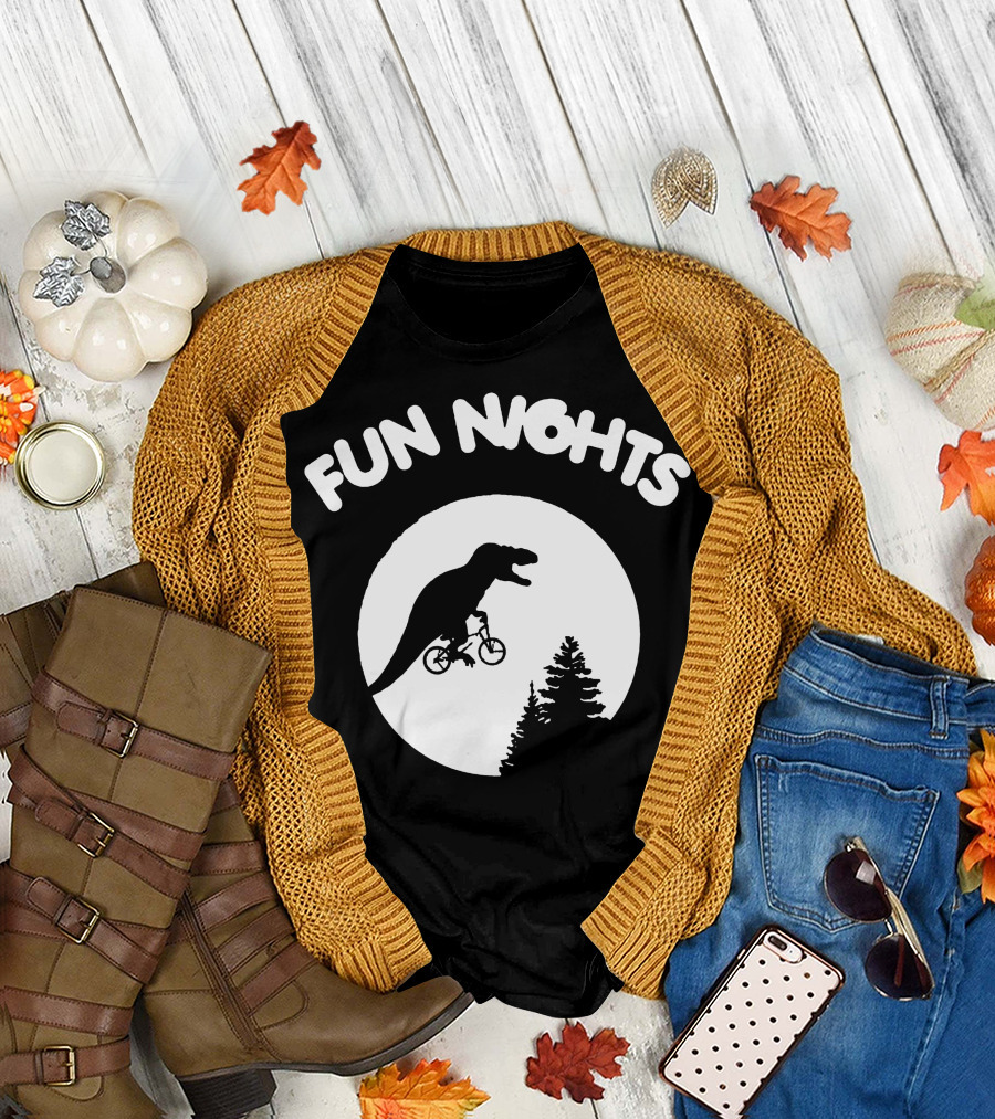 Fun Nights Dinosaur on Bicycle Moon Scene T-Shirt