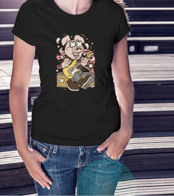 Pig Rocker Electric Guitar Amplifier Cartoon Character T-Shirt