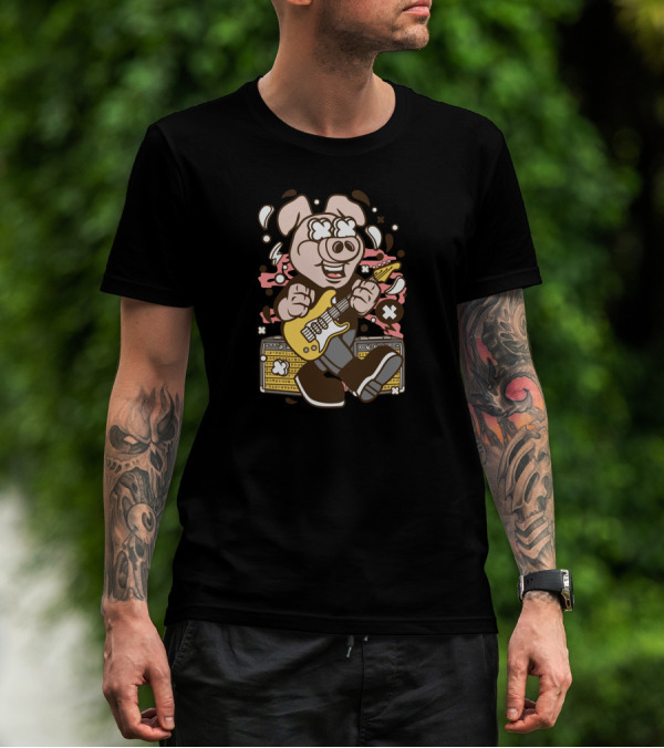 Pig Rocker Electric Guitar Amplifier Cartoon Character T-Shirt