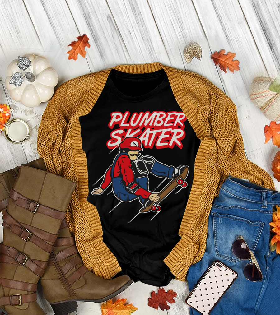 Plumber Skater Action with Iconic Red-Capped Character on Skateboard T-Shirt