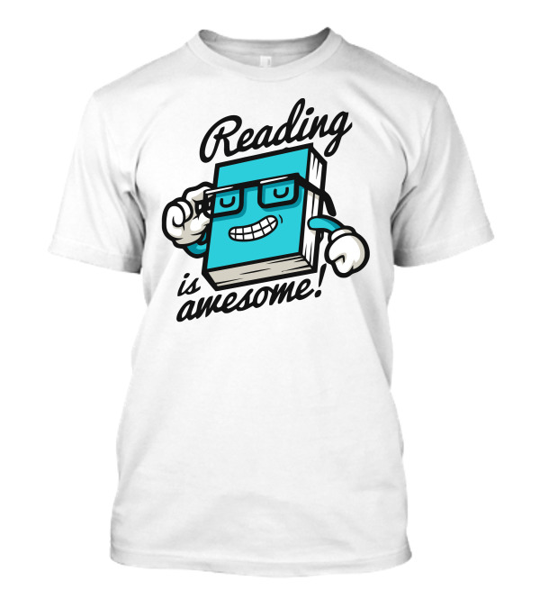 Reading Is Awesome Cartoon Book With Glasses And Smile T-Shirt
