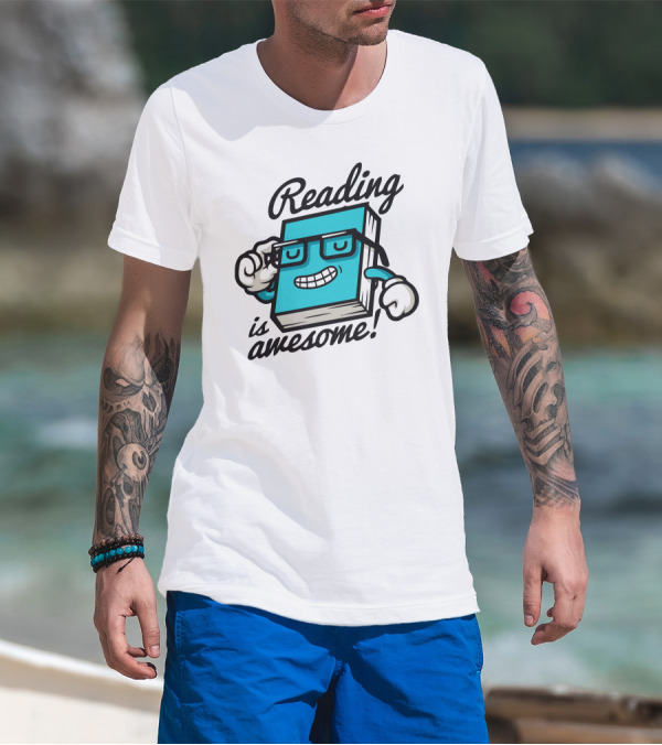 Reading Is Awesome Cartoon Book With Glasses And Smile T-Shirt