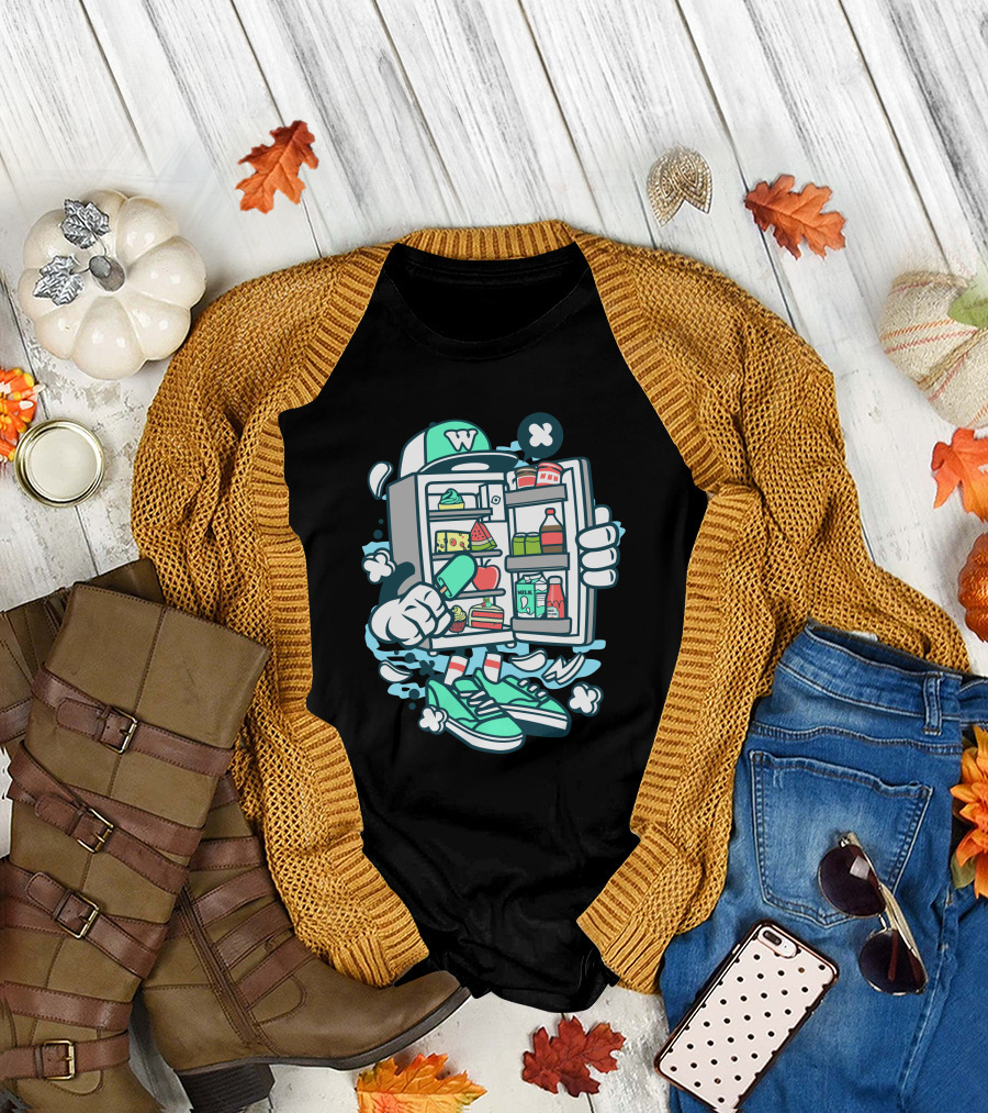 Refrigerator Cartoon Character Filled with Snacks and Drinks T-Shirt