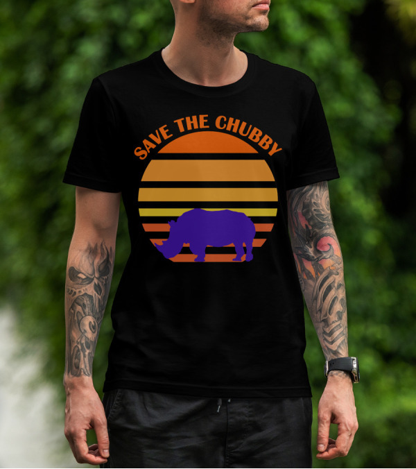 Save The Chubby Sunset Rhino Conservation Retro Stripe T-Shirt
