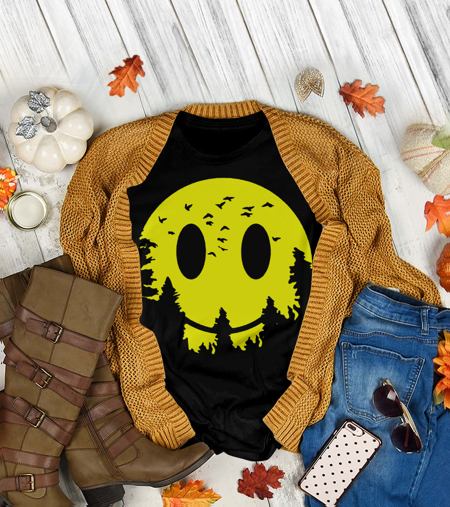 Smiley Moon Silhouette with Trees and Birds T-Shirt