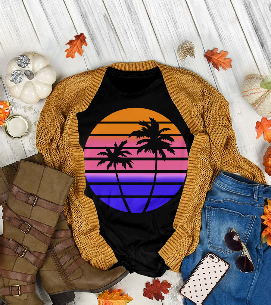 Tropicalia Sunset Palm Trees Retro Gradient Circle T-Shirt