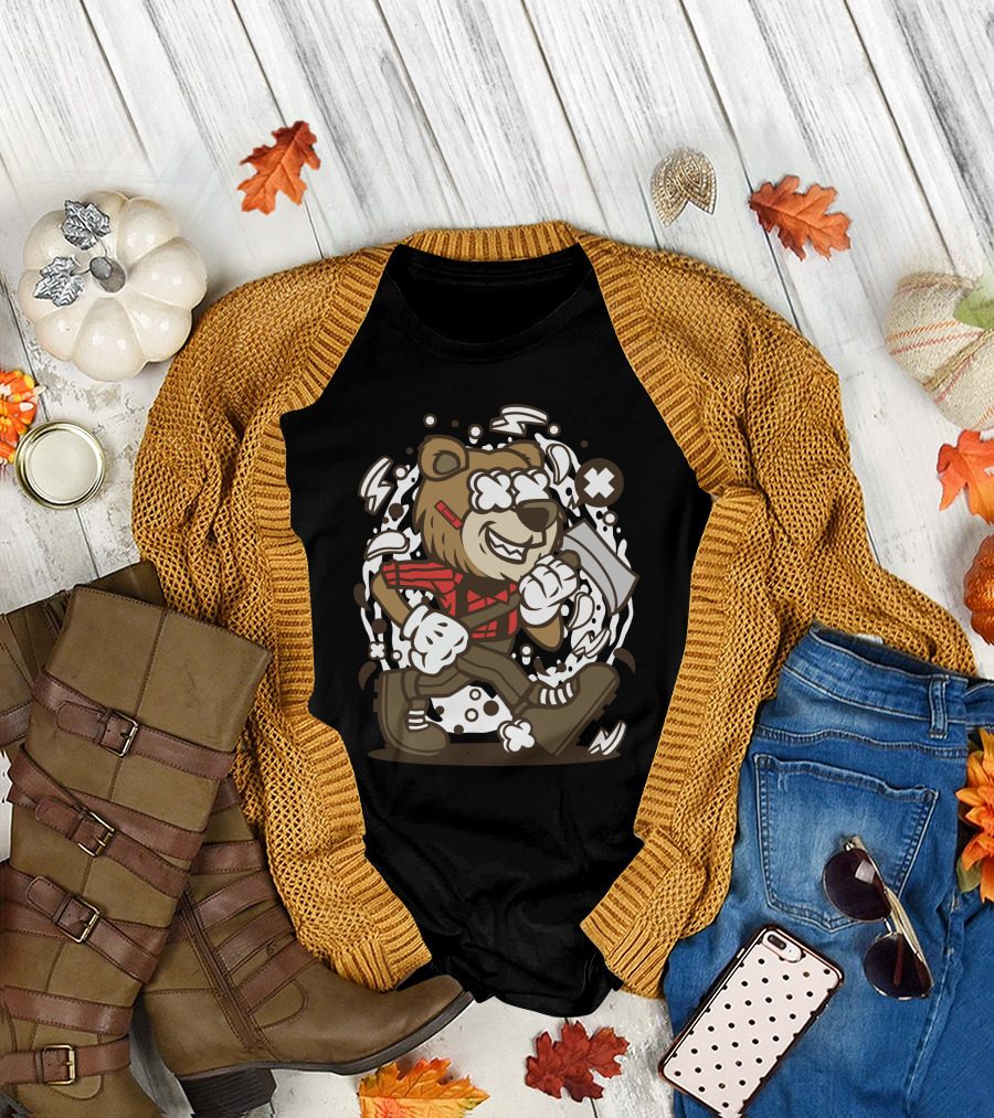 Bear Lumberjack Cartoon Axe Red Plaid Rugged Character T-Shirt
