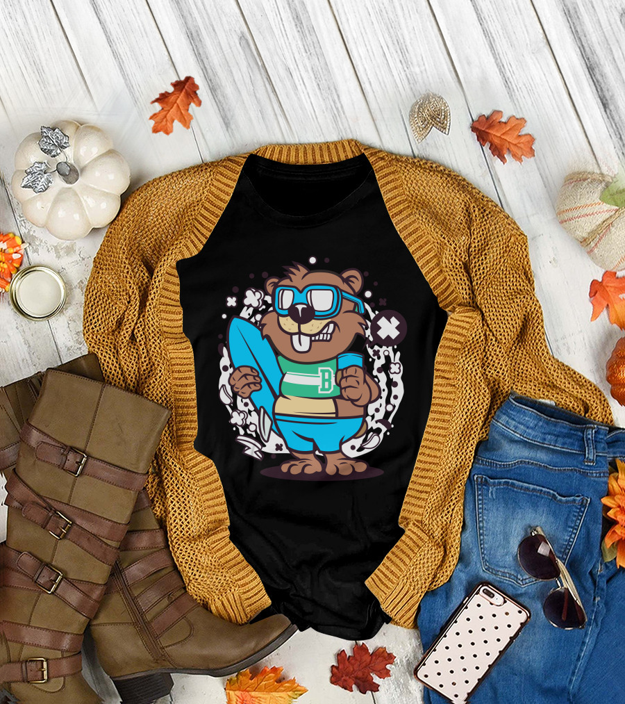 Beaver Surfer with Blue Board and Goggles T-Shirt