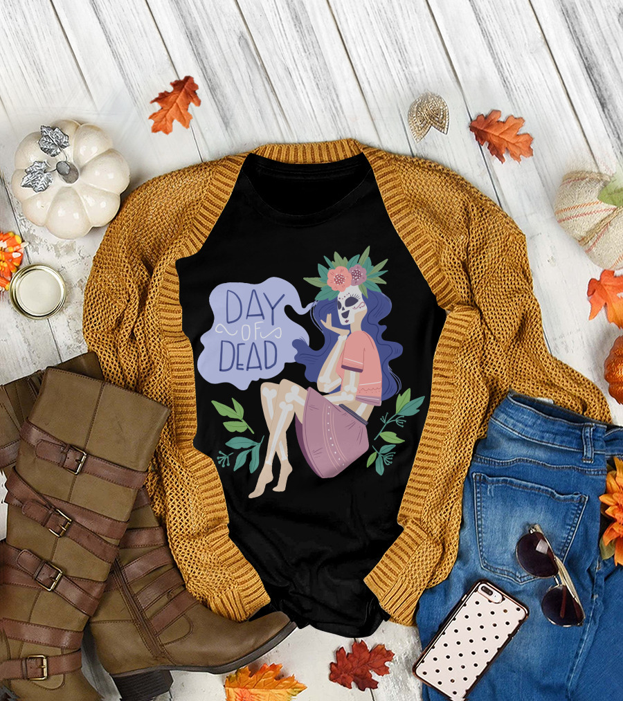 Day Of Dead Skeleton Woman with Flowers and Leaves T-Shirt