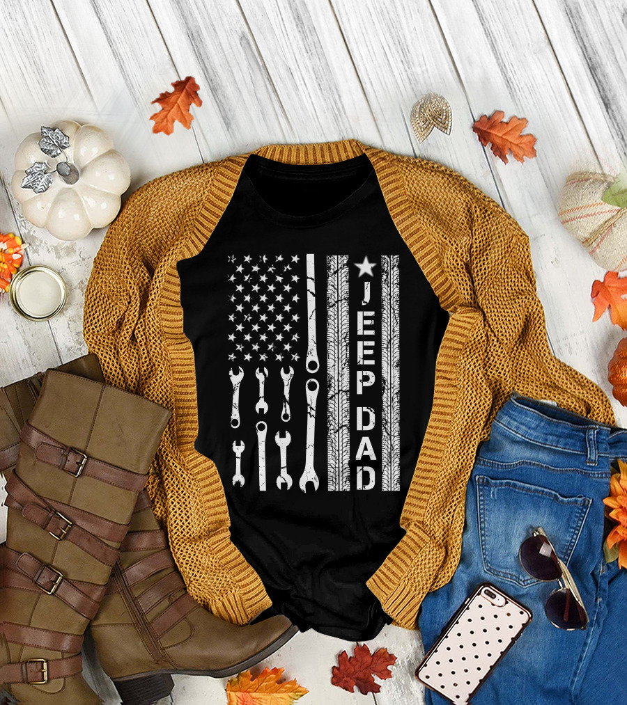 Jeep Dad American Flag Wrenches and Tire Tracks T-Shirt