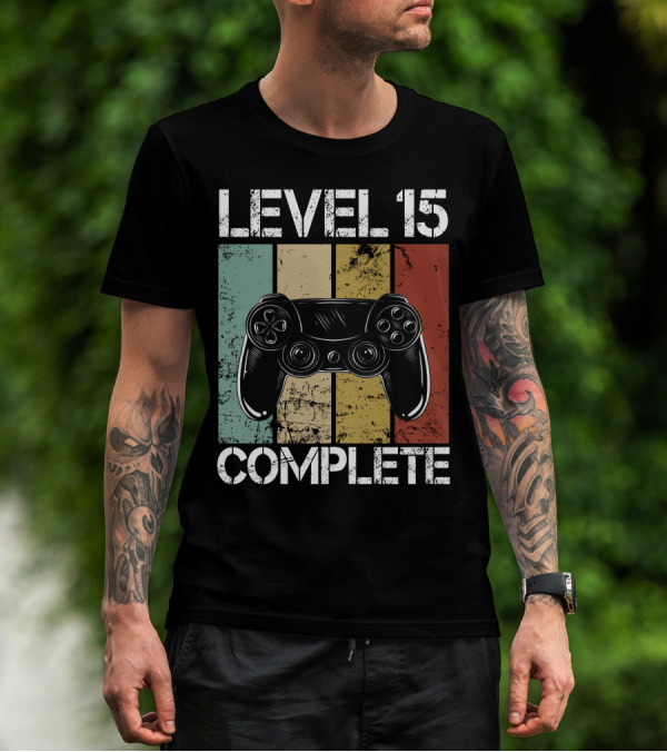 Level 15 Complete Video Game Controller Retro Stripes T-Shirt