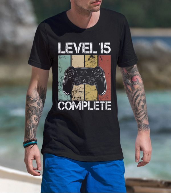 Level 15 Complete Video Game Controller Retro Stripes T-Shirt