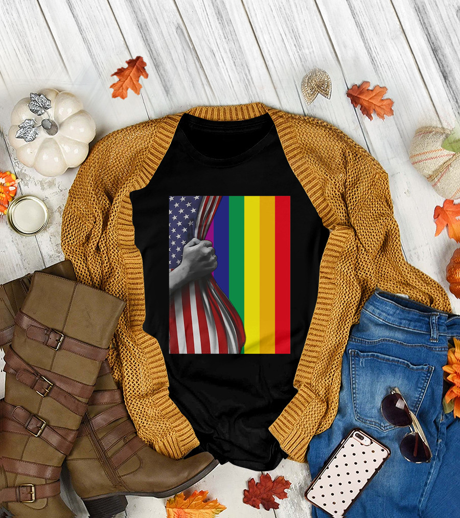 LGBT American Flag Pride Hand Pulling Back Stars Stripes Rainbow Colors T-Shirt