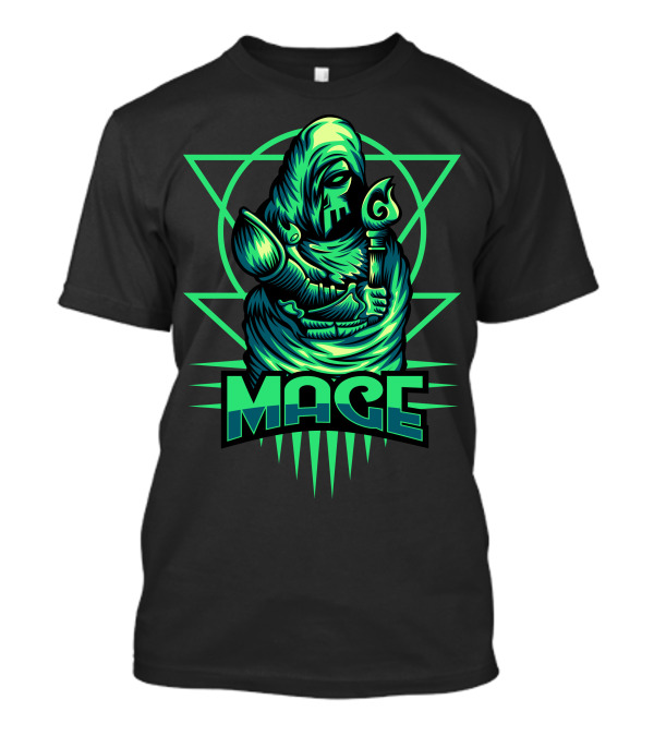 Mage Skull Hooded Figure With Staff Green Geometric Background T-Shirt