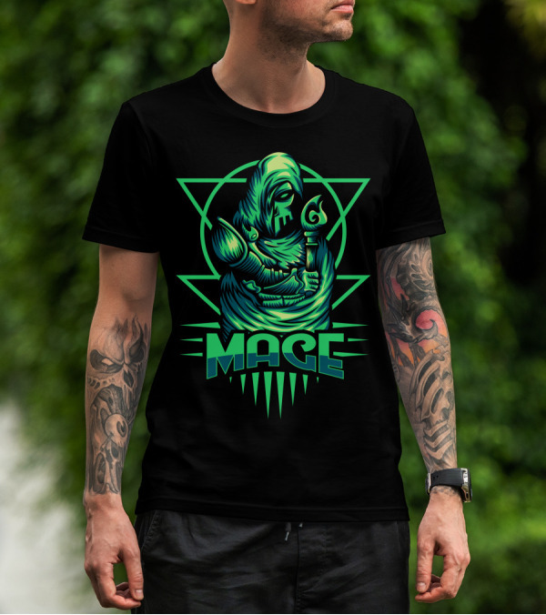Mage Skull Hooded Figure With Staff Green Geometric Background T-Shirt