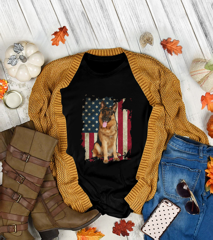 Patriotic German Shepherd with American Flag for 4th of July Celebrations T-Shirt