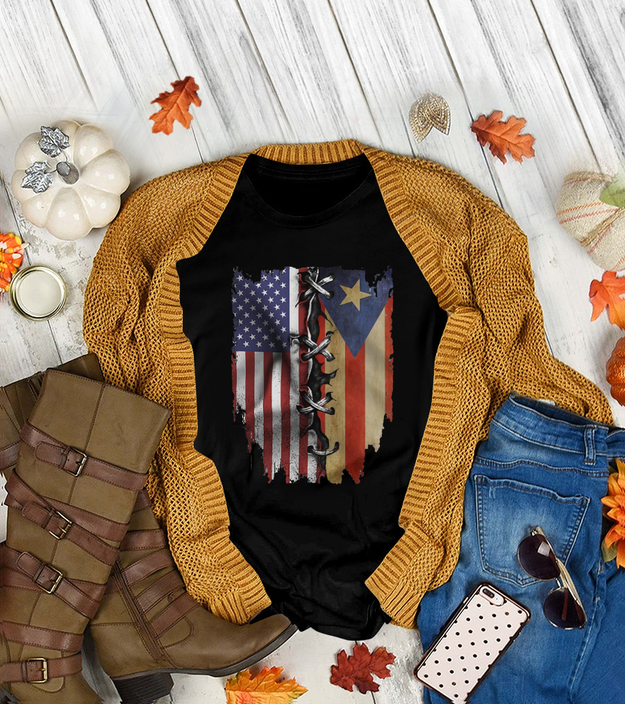 Puerto Rican And American Flag Torn Lace T-Shirt