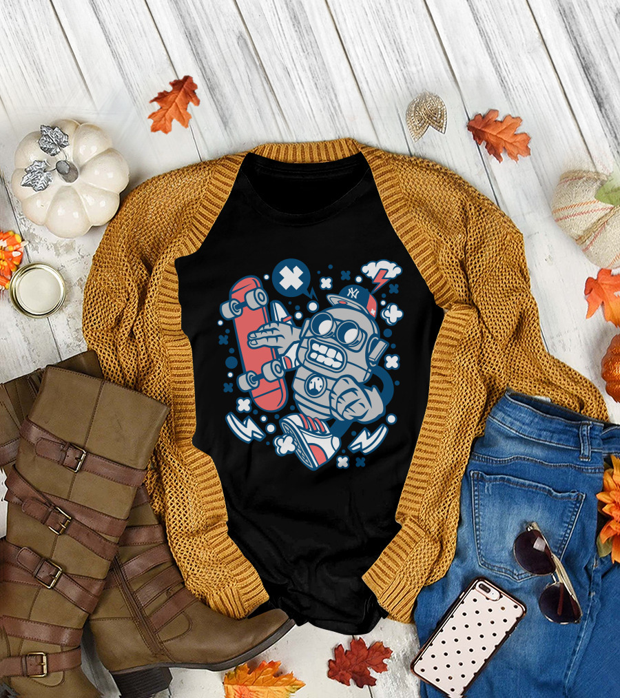 Robot Skater with Red Skateboard and Blue Cap T-Shirt