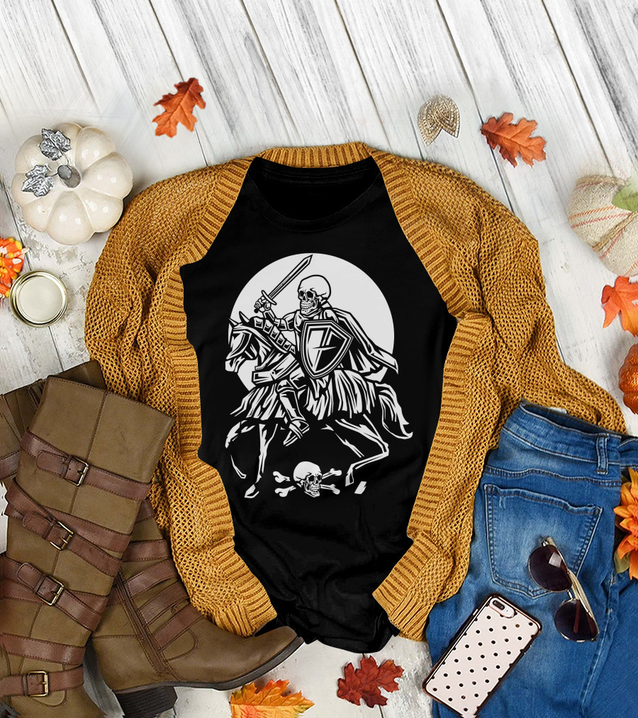 Skull Knight on Horse with Sword and Shield in Moonlight T-Shirt