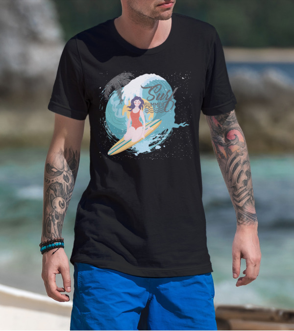 Surf Summer Ocean Wave And Palm Surfing 메탈릭 T-Shirt